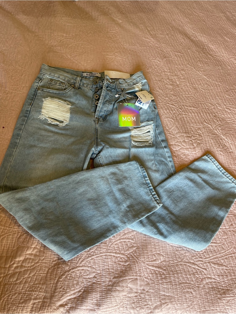 Mom High-Rise Distressed Light Blue Jeans -